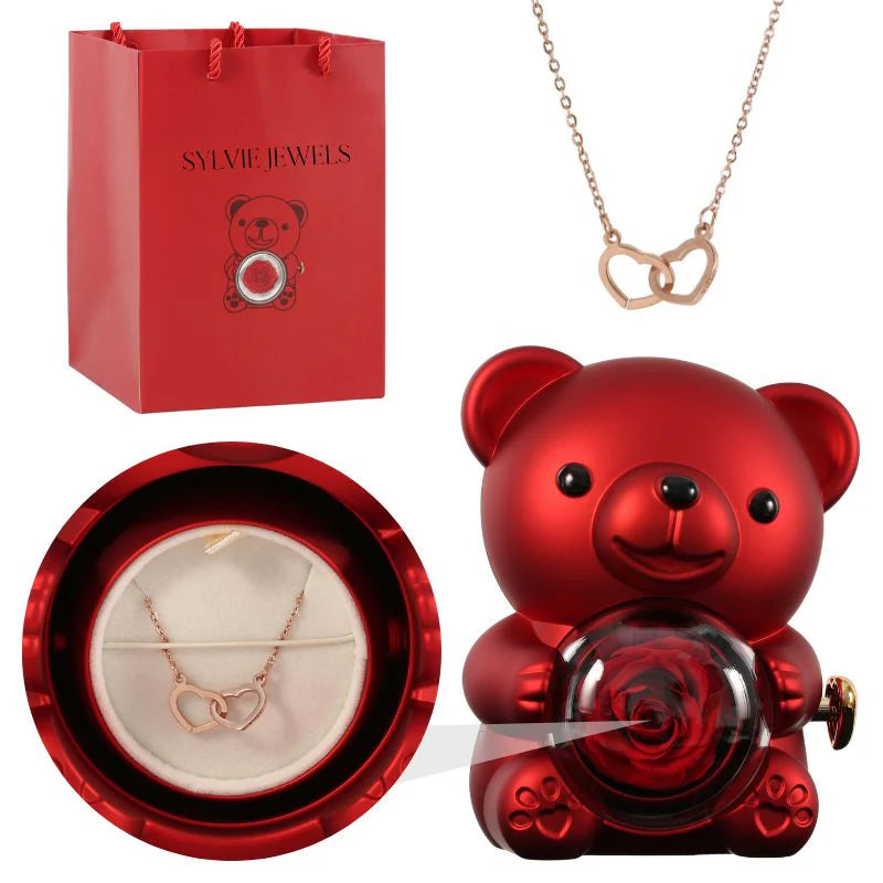 Ours Rose Éternelle avec Collier Gravé - Panier Pratique