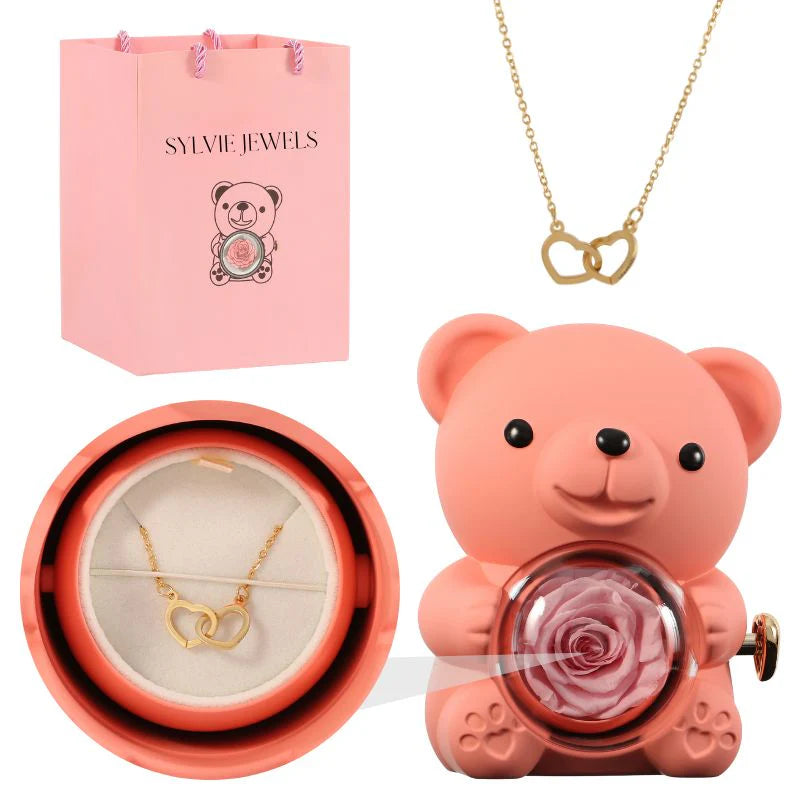 Ours Rose Éternelle avec Collier Gravé - Panier Pratique