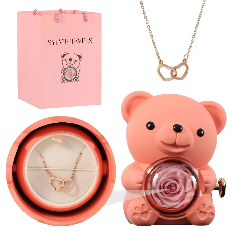 Ours Rose Éternelle avec Collier Gravé - Panier Pratique