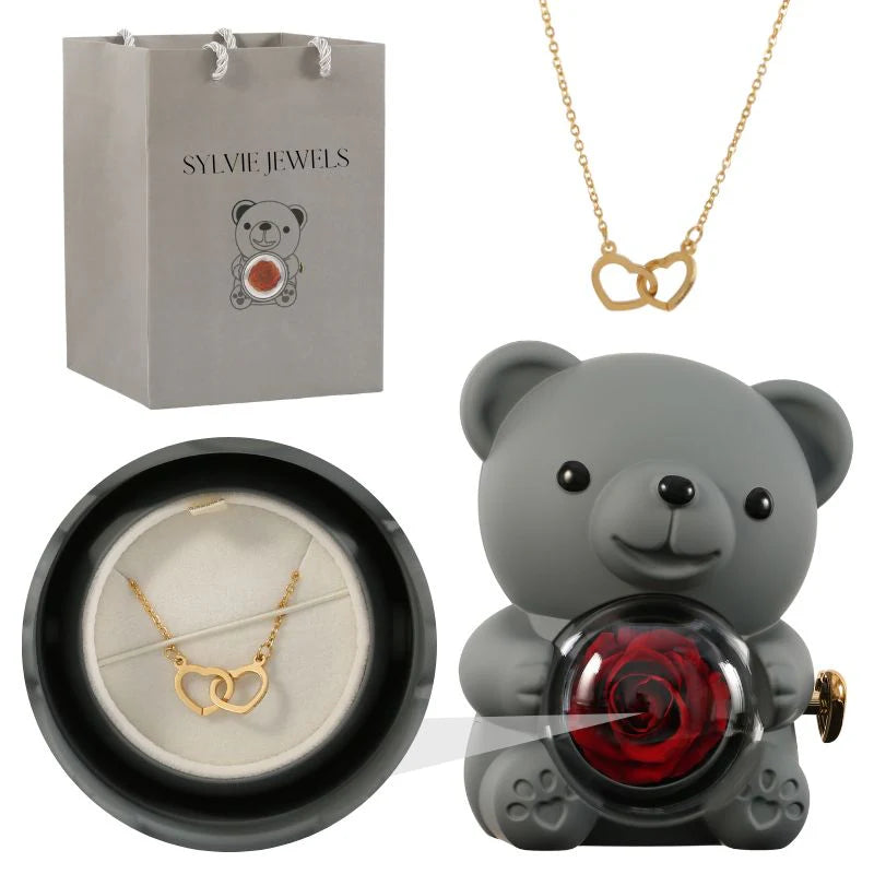 Ours Rose Éternelle avec Collier Gravé - Panier Pratique