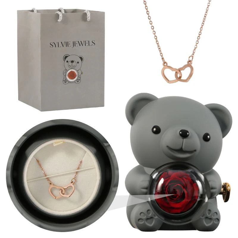 Ours Rose Éternelle avec Collier Gravé - Panier Pratique