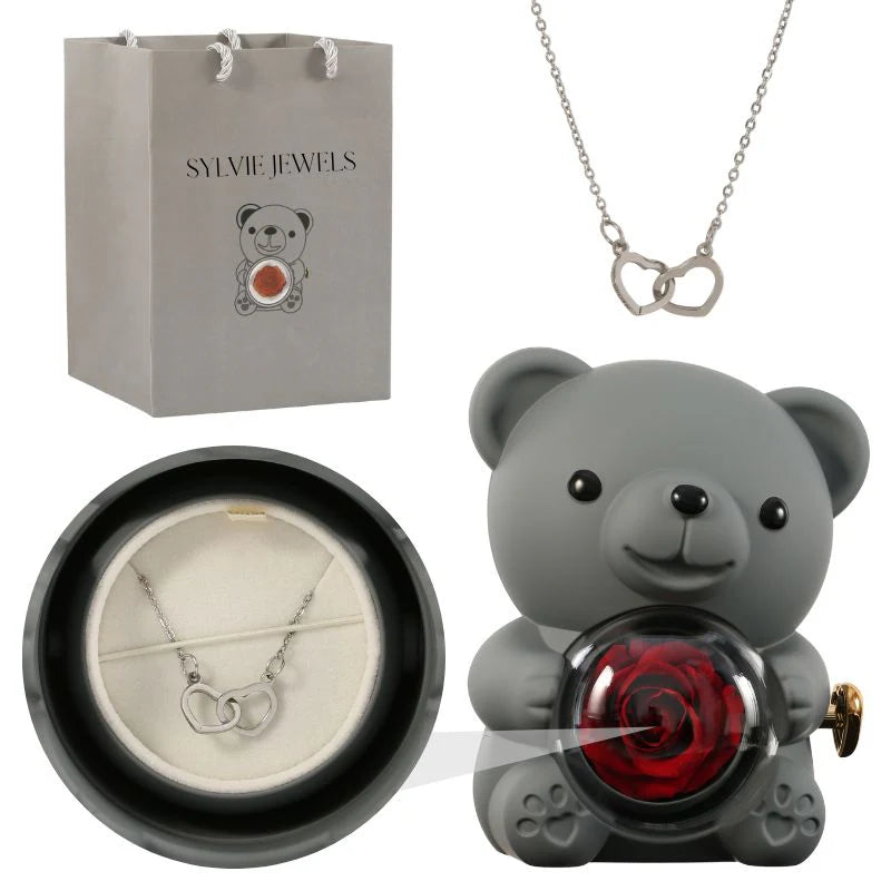 Ours Rose Éternelle avec Collier Gravé - Panier Pratique