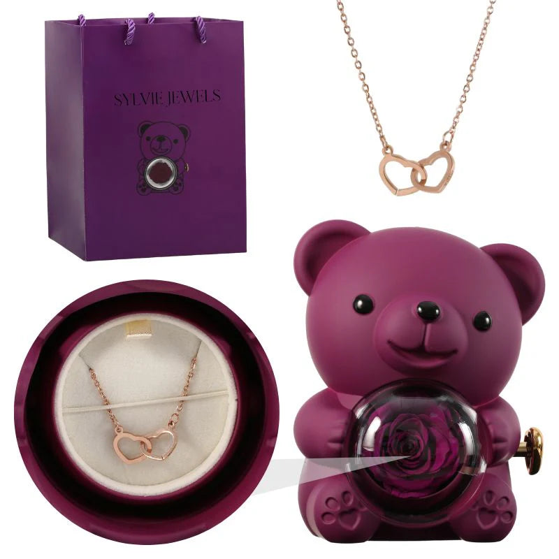 Ours Rose Éternelle avec Collier Gravé - Panier Pratique