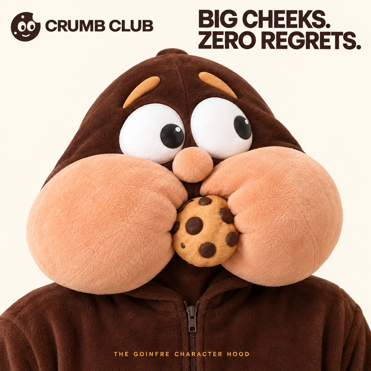 Gros plan du concept de capuche Goinfre, avec ses grandes joues pêche et son cookie.