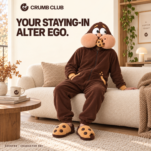 Goinfre design concept worn on a cream sofa, with its character hood and separate cookie slippers. Your staying-in alter ego.