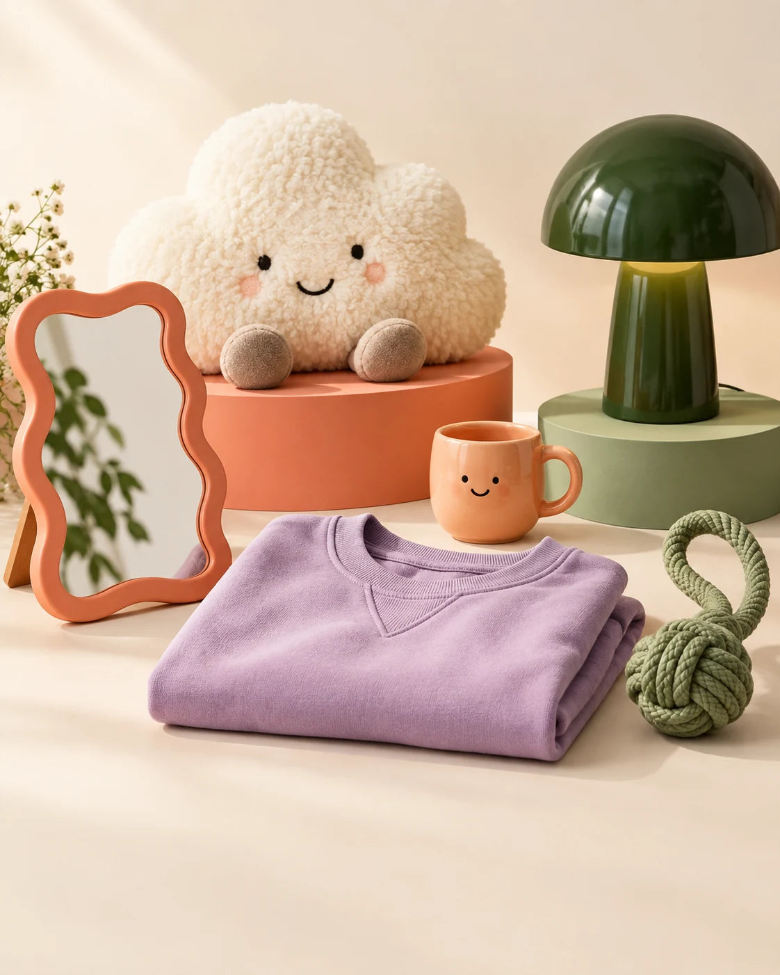 Composition d’ambiance avec une peluche, un miroir, un vêtement, une lampe, une tasse et un jouet pour animal